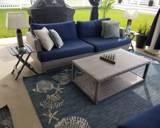 All weather wicker couch & coffee table; outdoor rug; folding end tables