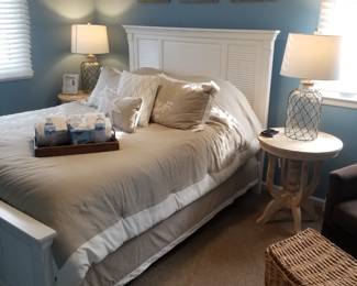 Coastal chic queen bed; two end tables & two table lamps