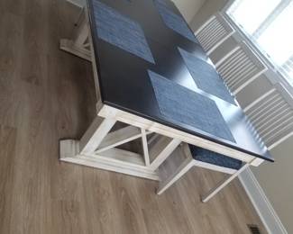Trestle style dining room table seats 8 - shown with extra leaf inserted