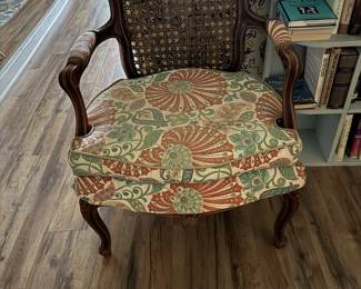 French Cane Back Upholstered Seat Arm Chair