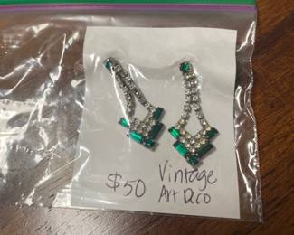 Vintage Art Deco Rhinestone Emerald Earrings