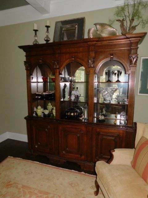Italian Arched & Columned Mirrored Back Bookcase Cabinet