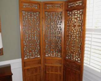Vintage Asian Teak Carved 3 Panel Screen