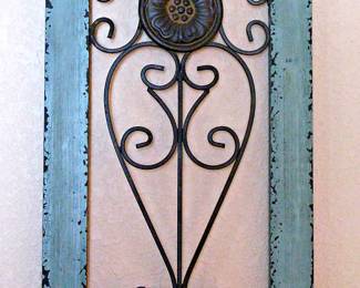 Scrolling Black Metal/Turquoise-Blue Distressed Wood