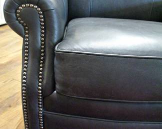 Beautiful Like New Smith Bros Slate Gray Leather Stationary Chair w/ Nail Head Trim / Ottoman