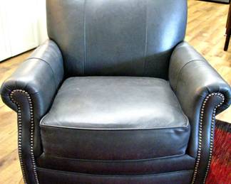 Beautiful Like New Smith Bros Slate Gray Leather Stationary Chair w/ Nail Head Trim / Ottoman