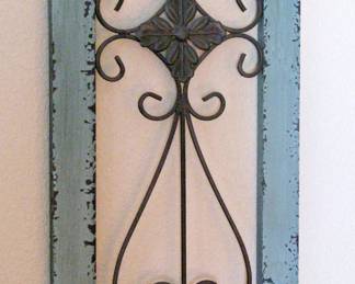 Scrolling Black Metal/Turquoise-Blue Distressed Wood
