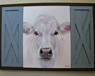 Framed Farmhouse Decor Hand Painted Cow Portrait Signed Acrylic Painting