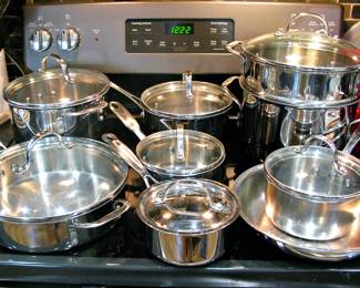 Simply Calphalon Stainless Steel 16 piece Cookware Set, Silver Clear Glass Lids