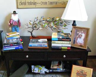 Wooden Coffee Table With 2 Drawers and Bottom Shelf, Walnut Brown / Coffee Table Books