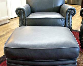 Beautiful Like New Smith Bros Slate Gray Leather Stationary Chair w/ Nail Head Trim / Ottoman