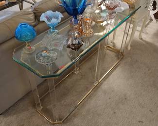 Mid-Century Modern Charles Hollis Jones lucite, glass and 24kt. plate sofa table. 2 matching end tables are on site also