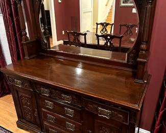 Antique carved wood sideboard buffet with ornate beveled mirrors