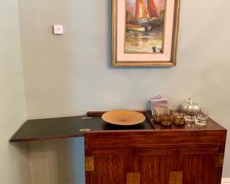 Henredon bar cabinet. Original Mid Century (MCM) oil painting.