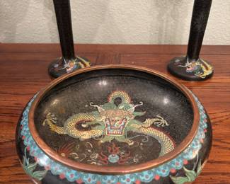 Antique Cloisonne Dragon Bowl with matching Candle Sticks