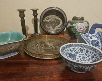 Beautiful dragon cloisonne bowl and candlesticks.