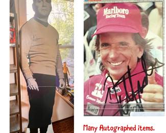 Full size cardboard cutout of Captain Kirk. Just one copy of many autographed cards, toys and other collectibles.