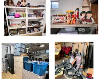 Vintage toys, sweepers, office file cabinets