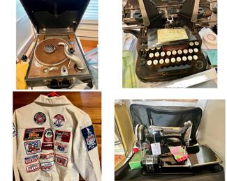 Small victrola, antique typewriter, Indy 500 jacket with vintage patches, Antique Singer Sewing machines