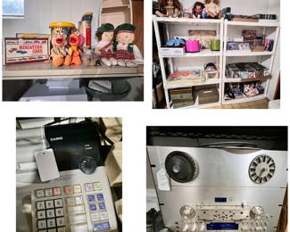 Vintage toys, many CDs, cash register, reel to reel