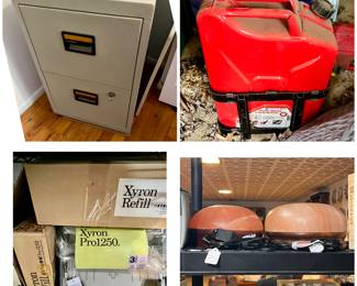 Fireproof safe file cabinet, Fuel tank, Laminator with refills, salt lights