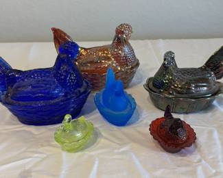 Assorted hen on next glass dishes