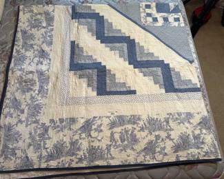 Blue & Cream Country Scene Log Cabin Quilt