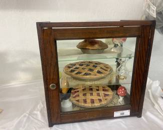 Miniature Display Cabinet w/ Faux Pies & Decorative Miniatures with Vintage Wood & Glass Cabinet