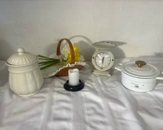 Country Kitchen Décor Bundle – Canister, Scale, Martha Stewart Enameled Cast Iron Dutch Oven