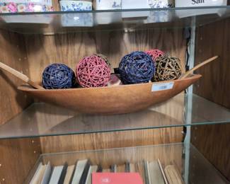 Large wooden bowl, salad paddle and fork, and yarn decor