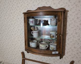 Oak Locked Wall Cabinet and Vintage Shaving Cups & Brushes
