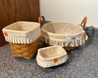 Set of 3 Longaberger Lined Baskets with Lace Trim