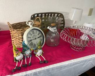 Home Decor Mixed Lot: Tobacco Basket, Gnomes, Clock, Lamps & More