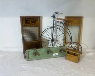 Rustic Primitive Decor Lot – Washboards, Bicycle Wall Art & Vintage Hooks