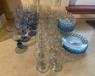 Assorted Blue & Clear Glassware with Glass Dishes