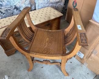 Antique U Shaped Oak Bench/ Carved Hall Chair