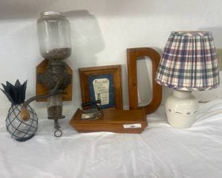 Antique Arcade Crystal Wall Coffee Grinder & Longaberger Lamp with Shade and more