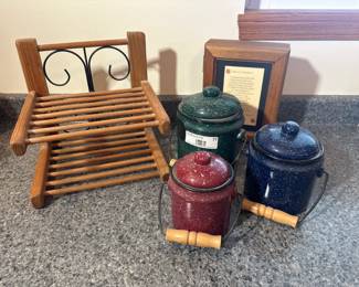 Set of 3 Enamelware Canisters with Rack & Wood Box