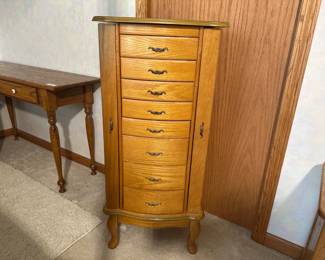 Oak Jewelry Armoire with 8 Drawers and Side Storage