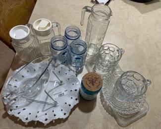 Glass Serving Pitchers, Mugs & Tray