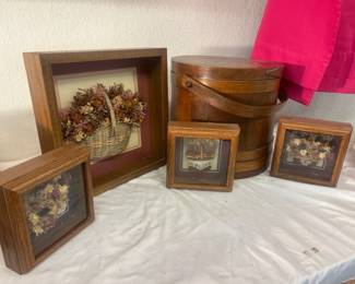 Dried Floral Shadow Box Art Set with Primitive Wood-Lidded Bucket