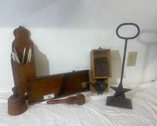 Vintage Farmhouse Lot – Vintage Coffee Grinder, Wood Candle Holder & and Other Primitive pieces