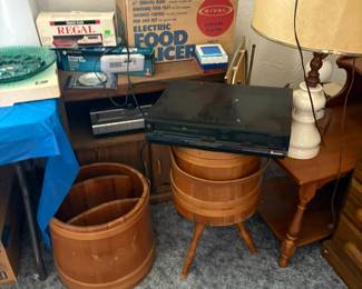 lamp, tables, appliance cart, barrells