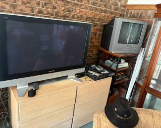 TVs, dresser, electronics tower