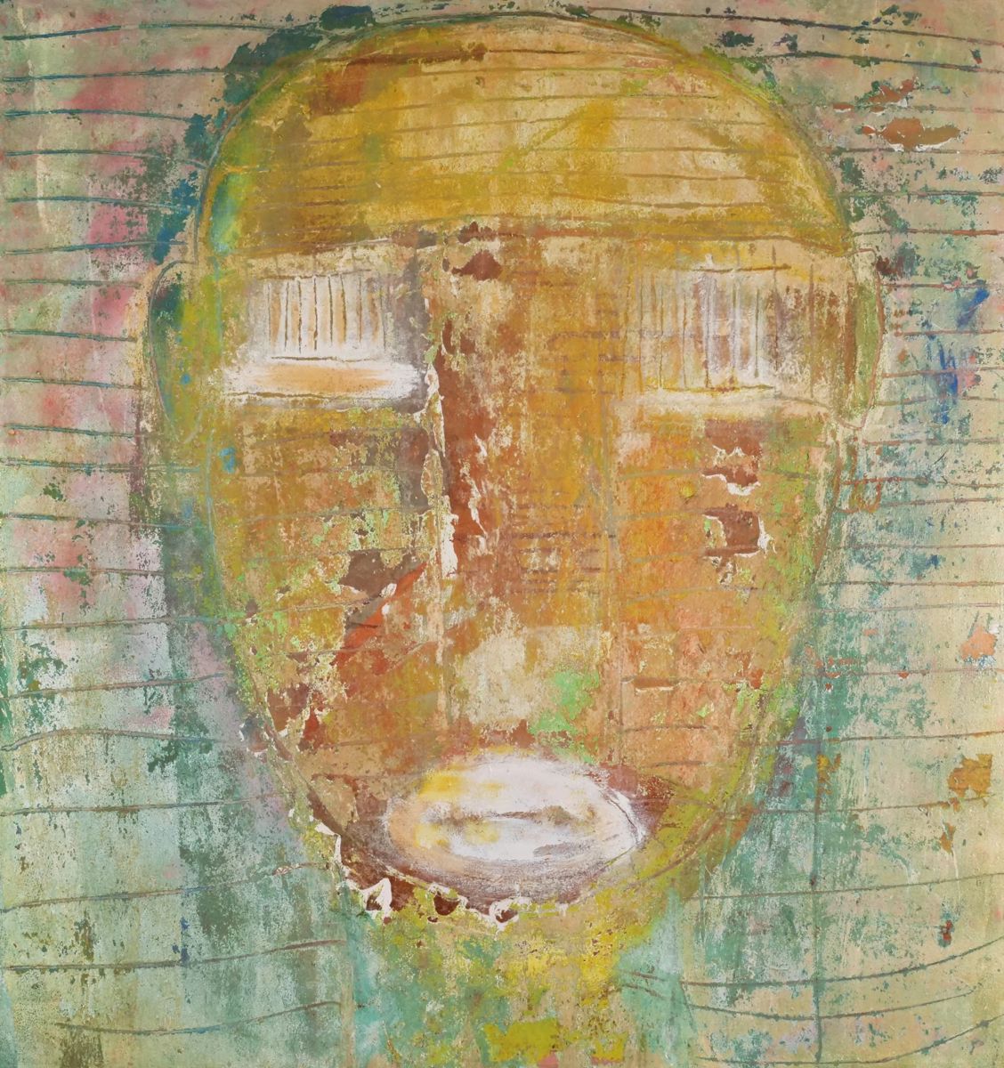 Large Format Modern ABSTRACT On Canvas | Abstract portrait in blues and greens, executed on canvas and float mounted in a wood frame, no apparent signature but not inspected on verso. 72 x 67.5 in canvas - h. 74.25 x w. 69.5 x d. 3.5 in (Frame)