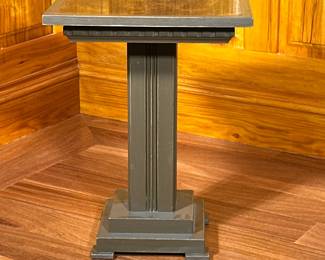 Dentil Square End Table/Plant Stand | Pedestal column form side table having a copper inset on table top, stepped base and four feet. - h. 22 x w. 16 x l. 16 in