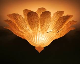 BAROVIER LEAF FORM MURANO GLASS CHANDELIER | Golden Murano glass flush mount ceiling light from the "Excelsior" series, handcrafted by Barovier & Toso. Made of single glass leaves in the color Champagne, each mounted with an adjustable screw.