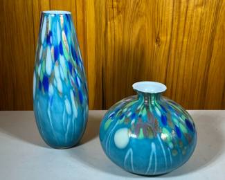 (2pc) Blue Glass Decorative Vases | Including a bulbous vase and a tall vase - h. 15.25 in (tallest)