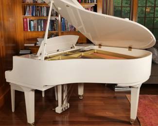 Yamaha GH1B White Baby Grand Piano | Matching bench with leather cushion inset included. Top lifts, music stand folds down as well as keys cover. Wheels and pedals are gold colored/brass. Serial number 5251214 - h. 48 x w. 59 x l. 64 in (Top of music stand.)