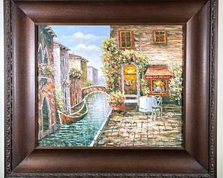 Venetian Cafe Oil Painting On Canvas | Painted in thick impasto, no apparent signature, in a wood frame; sight 19.5 x 23.5 in. - h. 30.5 x w. 34.5 in (frame)
